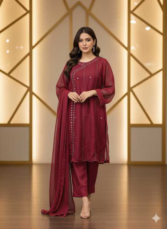 Mahnoor Maroon (Stitched 3 Pcs)