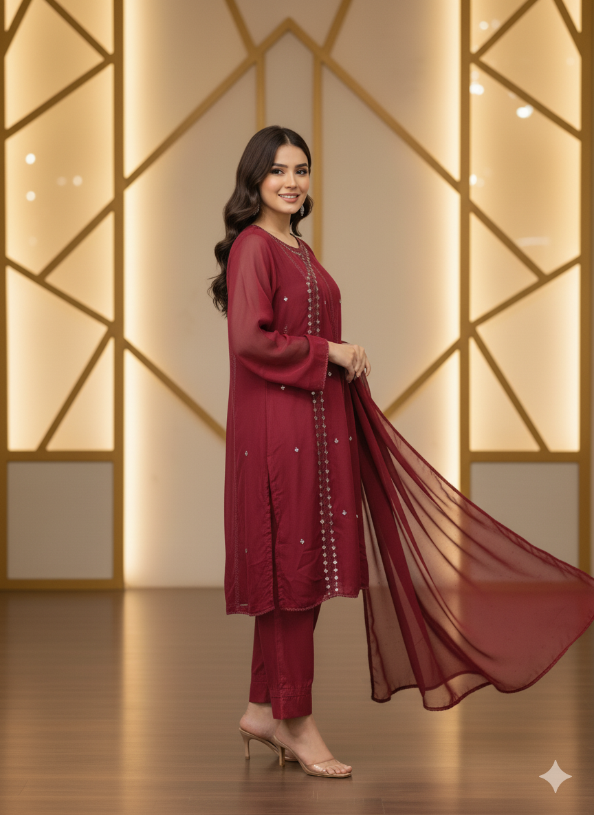 Mahnoor Maroon (Stitched 3 Pcs)