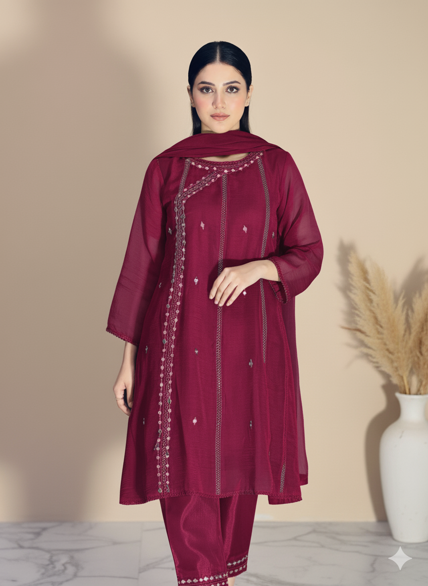 Mahnoor Maroon (Stitched 3 Pcs)