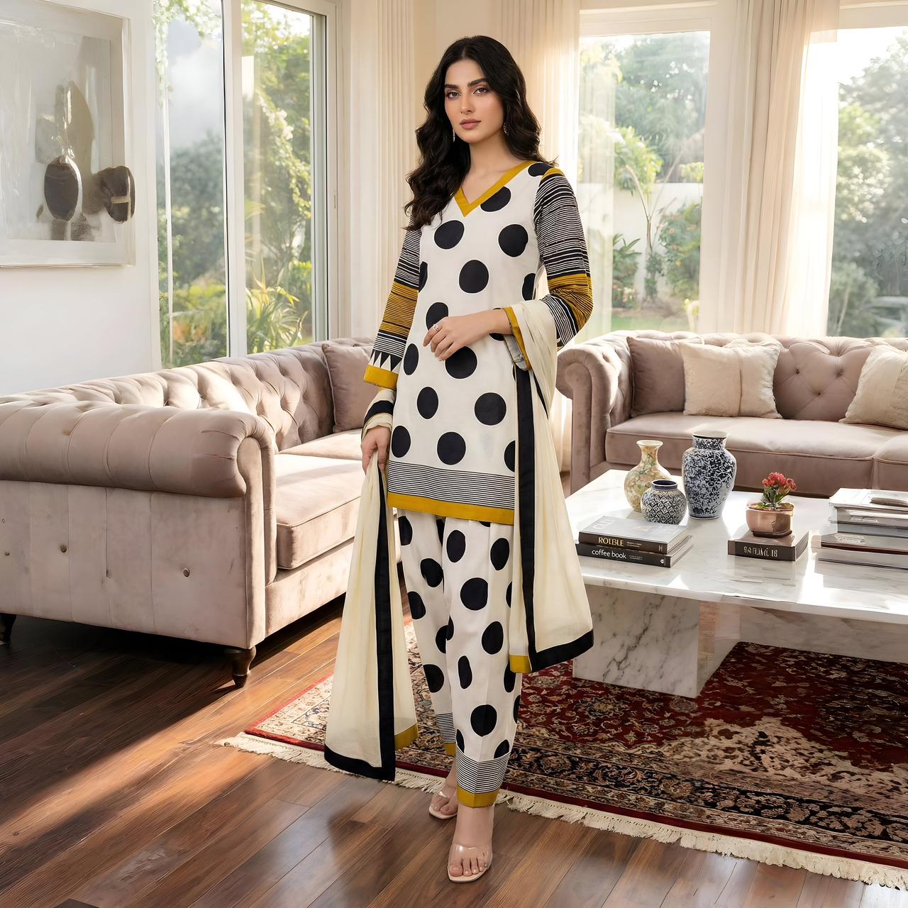 Polka Dot Farshi-Shalwar (Stitched 3 Pcs)